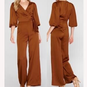 SHE + SKY S copper brown faux wrap Balloon Sleeve Surplice Neck Jumpsuit NWT b44